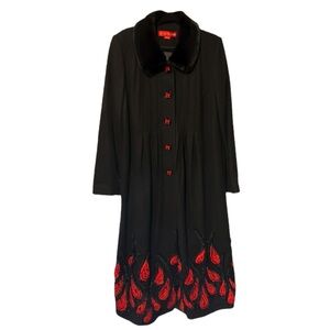 Hoamgar Black Wool Coat with Red Floral Accents – Size M (NWT)